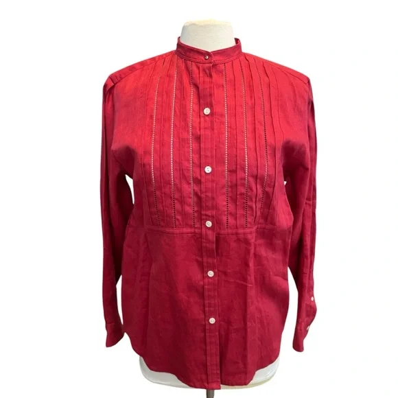 Lauren Ralph Lauren Top Womens Sz Medium Red Linen Pleated Button Up Long Sleeve - Picture 1 of 5